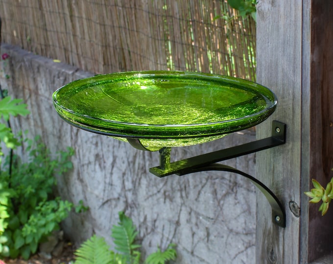 14" Lush Green Crackle Glass Birdbath with Wall Bracket
