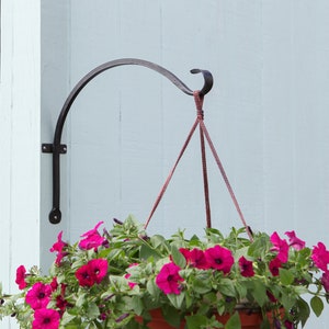 May include: A black metal hanging plant hook attached to a light blue wall with a pink flower pot hanging from it.