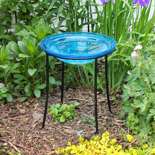 12" Turquoise Blue Crackle Glass Birdbath Bowl with Wrought Iron Ring Stand