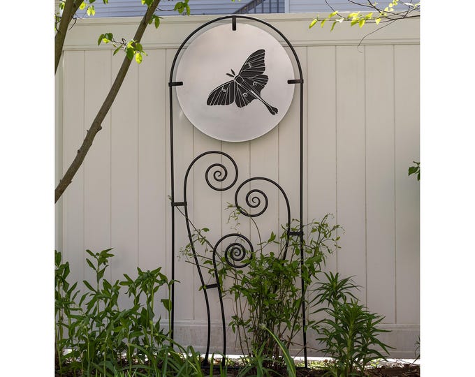 Moon & Moth Trellis, Free-standing Wrought Iron for Garden, 82"H x 21"W