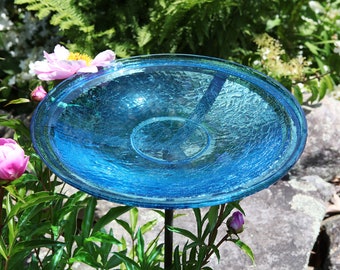 14" Turquoise Glass Birdbath with Garden Stake