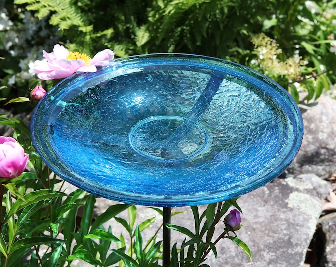 14" Turquoise Crackle Glass Birdbath with Garden Stake