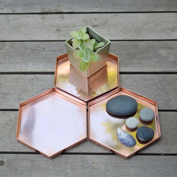 Hexagonal Copper Trays- Set of 3- for Plants Serving or Tabletop