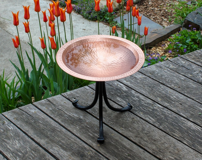 14" Solid Copper Hammered Birdbath with Rim and Tall Tripod Stand