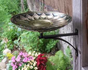 Daisy Sunflower Embossed Brass Birdbath wih Wall Mount Bracket