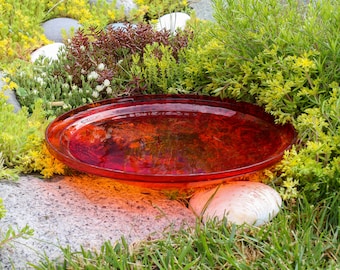 14" Tomato Red Handblown Crackle Glass Birdbath Bowl
