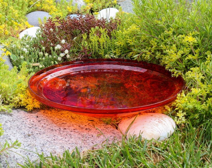 14" Tomato Red Handblown Crackle Glass Birdbath Bowl