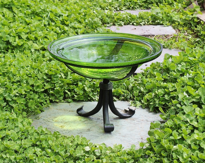 12" Lush Green Crackle Glass Birdbath with Small Stand