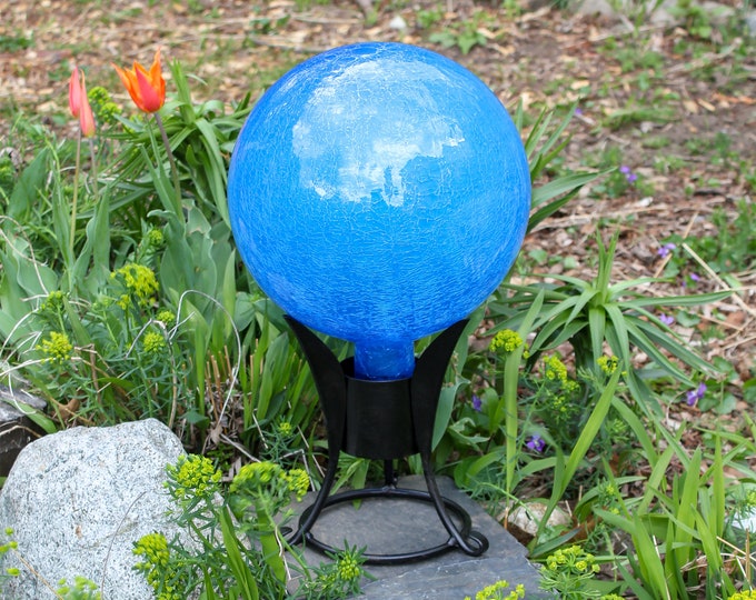10" Brilliant Blue Crackle Glass Garden Gazing Ball with Wrought Iron Stand