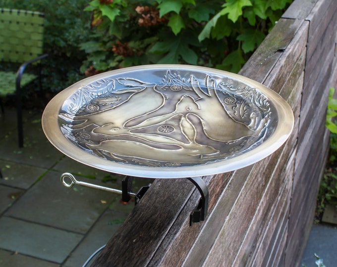 18" Devon Hares Embossed Birdbath with Over-Rail Bracket