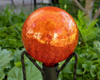 10" Brilliant Orange Crackle Glass Garden Gazing Ball with Wrought Iron Stand