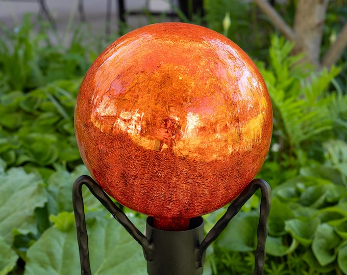 10" Brilliant Orange Crackle Glass Garden Gazing Ball with Wrought Iron Stand