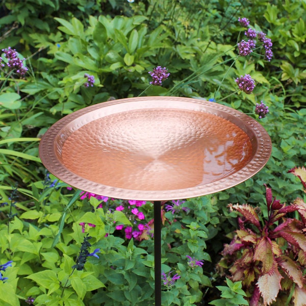 14" Solid Copper Hammered Birdbath with Rim on Garden Stake