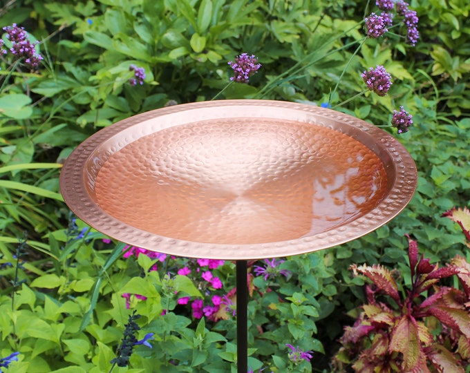 14" Solid Copper Hammered Birdbath with Rim on Garden Stake