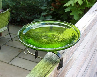 14" Fern Green Glass Birdbath with Over Deck or Hand Rail Bracket