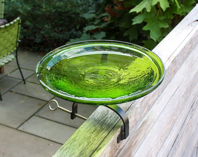 14" Fern Green Glass Birdbath with Over Deck or Hand Rail Bracket