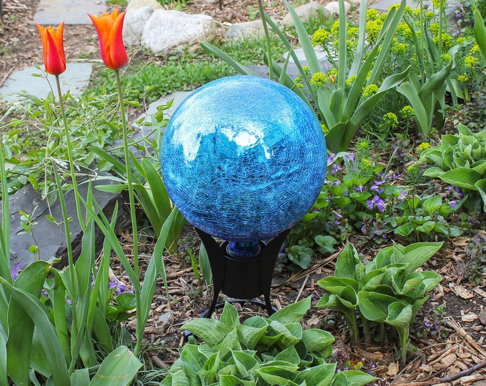 10" Turquoise Blue Mirrored Crackle Textured Glass Garden Gazing Ball with Wrought Iron Stand