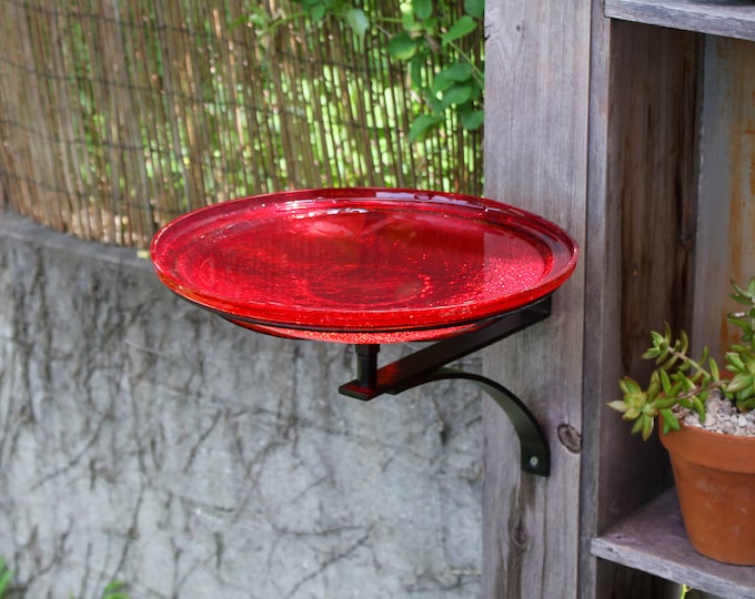 14" Tomato Red Crackle Glass Birdbath with Wall Bracket