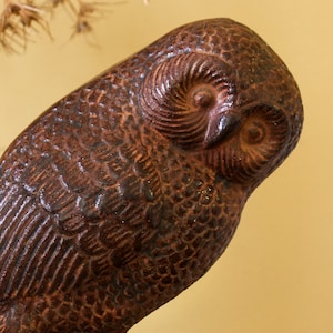 May include: A brown cast iron owl figurine with detailed feathers and a textured surface.