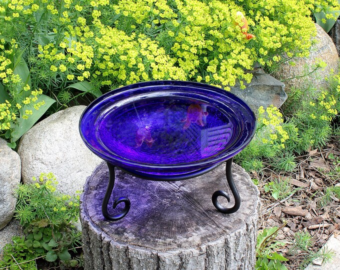 12" Cobalt Blue Crackle Glass Birdbath Bowl and Stand