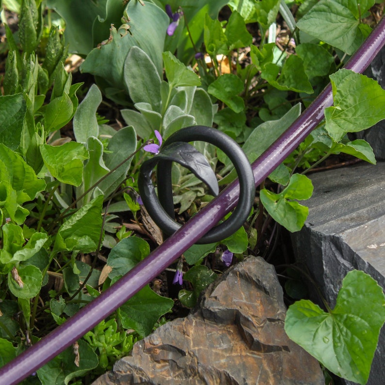 Puede incluir: Un anillo de metal negro con una vid morada envuelta alrededor. La vid tiene peque&ntilde;as flores moradas y hojas verdes. El anillo est&aacute; unido a una varilla de metal morado.