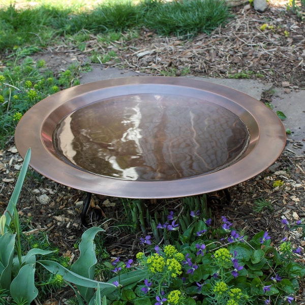 Simple Copper 24" Birdbath Bowl with Low Wrought Iron Stand