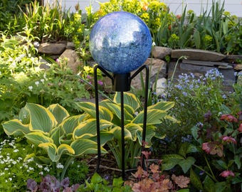 10" Light Blue Crackle Glass Garden Gazing Ball with Wrought Iron Stand