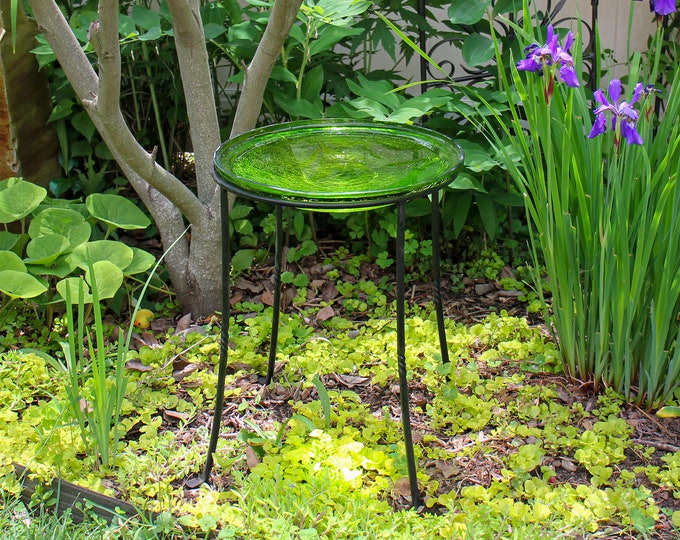 14" Lush Green Crackle Glass Birdbath Bowl with 18" Tall Wrought Iron Ring Stand