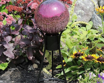 6" Purple Mirrored Crackle Textured Glass Garden Gazing Ball with optional Wrought Iron Stand