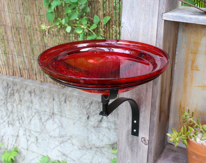 12" Tomato Red Crackle Glass Birdbath with Wall/Post Bracket