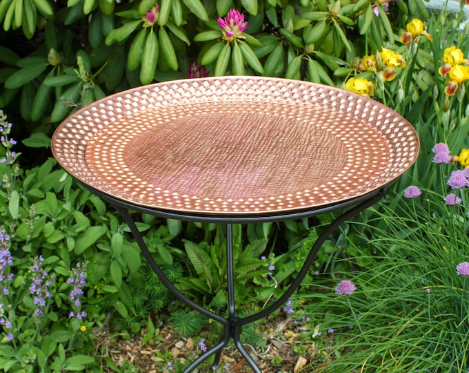 Hammered Copper 24" Birdbath Bowl with Wrought Iron Folding Stand