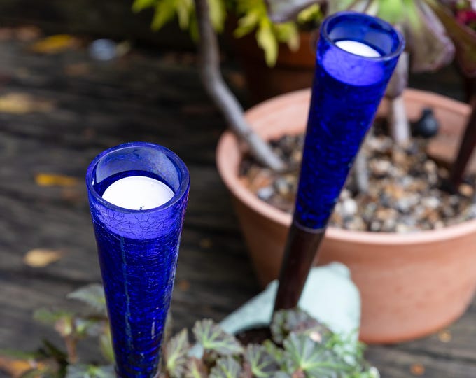 Garden Lights Tealight Candle Holders, Cobalt Blue Crackle Glass, Set of 6