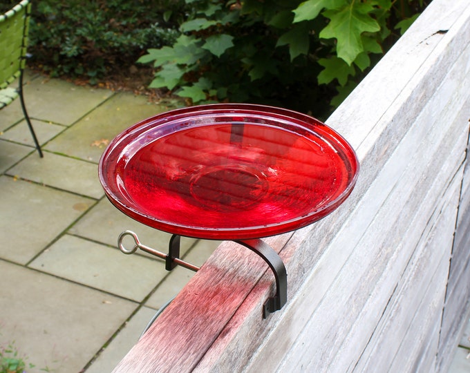 14" Tomato Red Glass Birdbath with Over Deck or Hand Rail Bracket