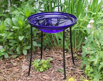 12" Cobalt Blue Crackle Glass Birdbath Bowl with Wrought Iron Ring Stand