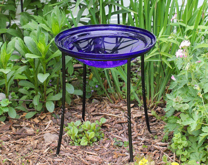 12" Cobalt Blue Crackle Glass Birdbath Bowl with Wrought Iron Ring Stand