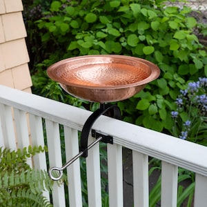 Solid Copper Hammered  Birdbath with with Over Deck or Hand Railing Bracket
