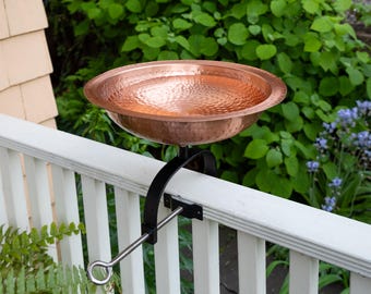 Solid Copper Hammered  Birdbath with with Over Deck or Hand Railing Bracket