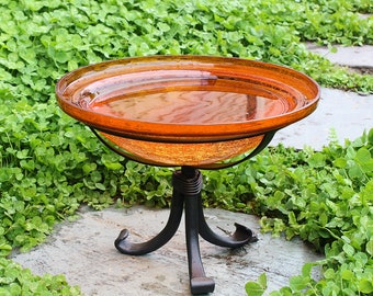 12" Tangerine Crackle Glass Birdbath with Small Stand