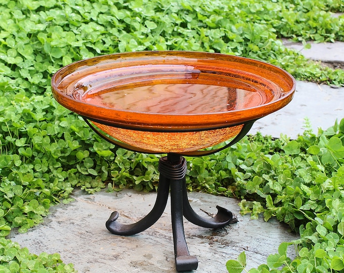 12" Tangerine Crackle Glass Birdbath with Small Stand