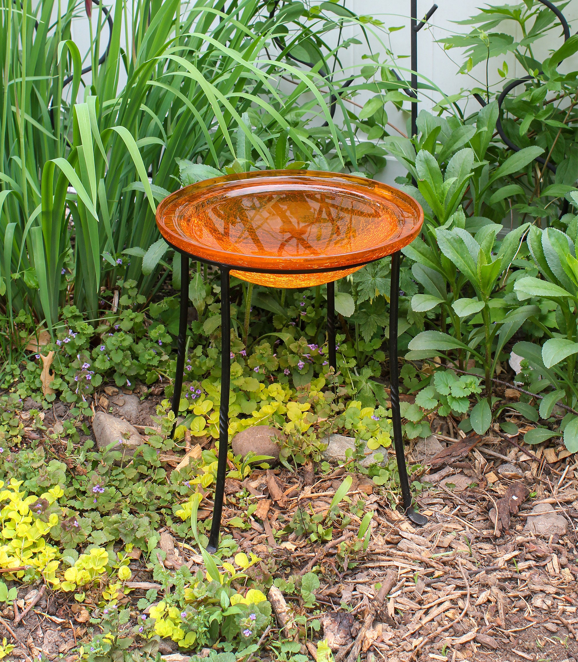 12 Tangerine Crackle Glass Birdbath Bowl With Wrought - Etsy