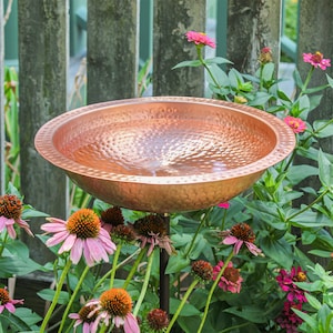 Solid Copper Hammered Birdbath with Rim on Garden Stake