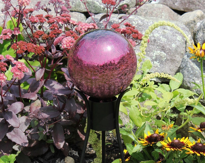 6" Purple Mirrored Crackle Glass Garden Gazing Ball with Wrought Iron Stand