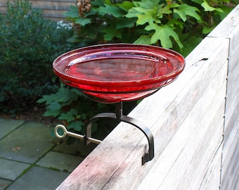 12" Tomato Red Crackle Glass Birdbath with with Over Deck or Hand Rail Bracket