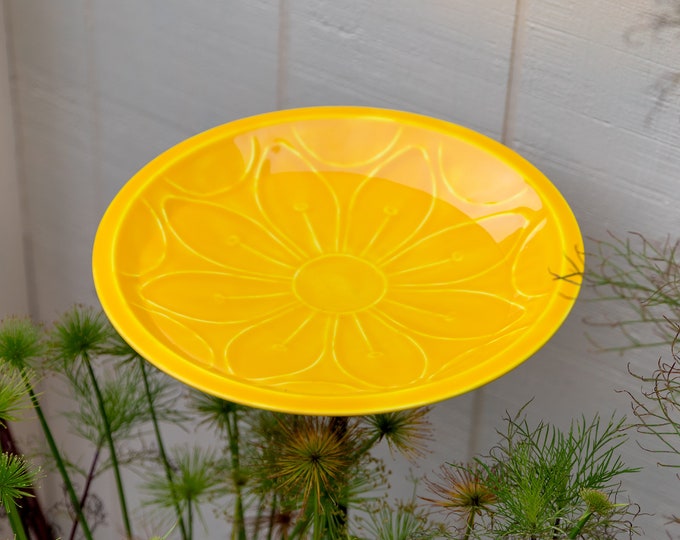 Dandelion Yellow Hand-Embossed Birdbath on Garden Stake