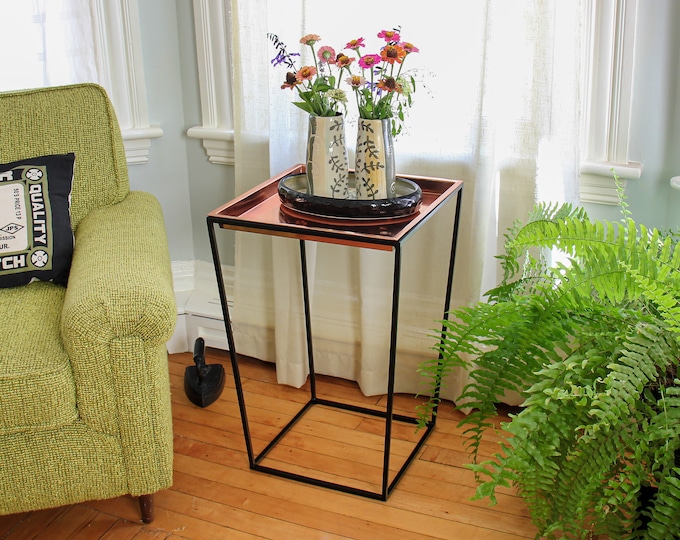 22" H Modern Side Table or Plant Stand, Iron with Copper Tray