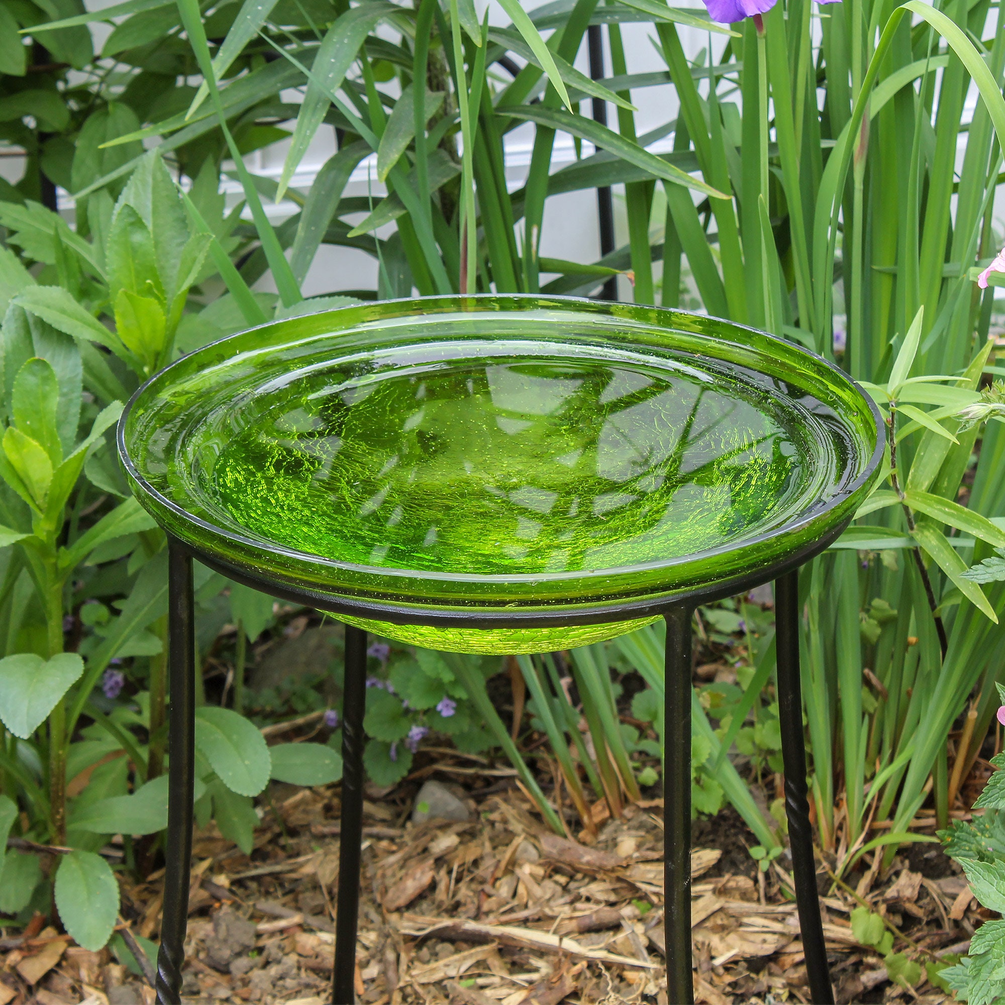 12 Lush Green Glass Birdbath Bowl With Wrought Iron Ring - Etsy