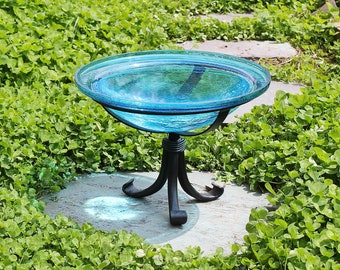12" Turquoise Crackle Glass Birdbath with Small Stand