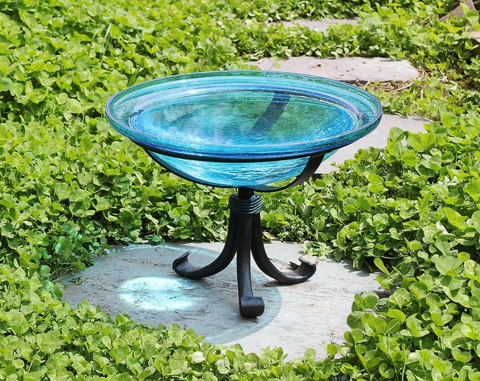 12" Turquoise crackle Glass Birdbath with Small Stand