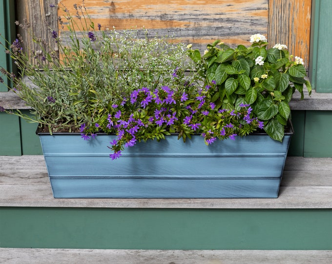 24"L Slate Blue Window Box Planter, Galvanized Steel
