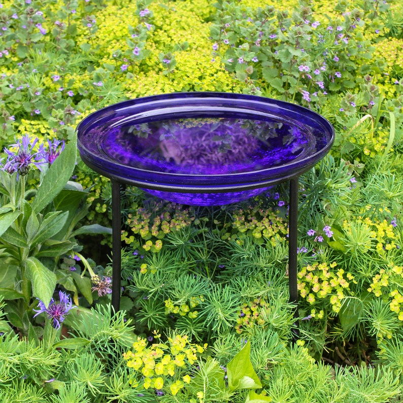 12 Cobalt Blue Glass Birdbath Bowl With Wrought Iron - Etsy